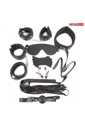 Большой игровой набор БДСМ: наручники, оковы, маска, кляп, плеть, ошейник с поводком, верёвка, зажимы для сосков