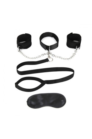 Чёрный ошейник с наручниками и поводком Collar Cuffs & Leash Set