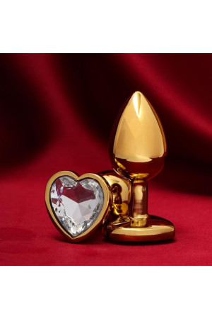Золотистая анальная пробка с прозрачным кристаллом в форме сердца