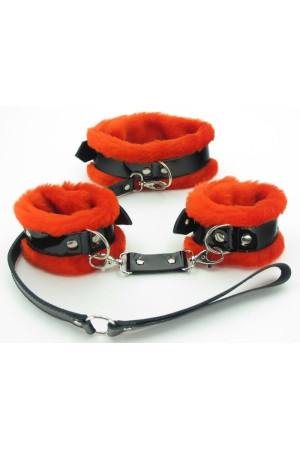 Черно-красные меховые наручники и ошейник с поводком